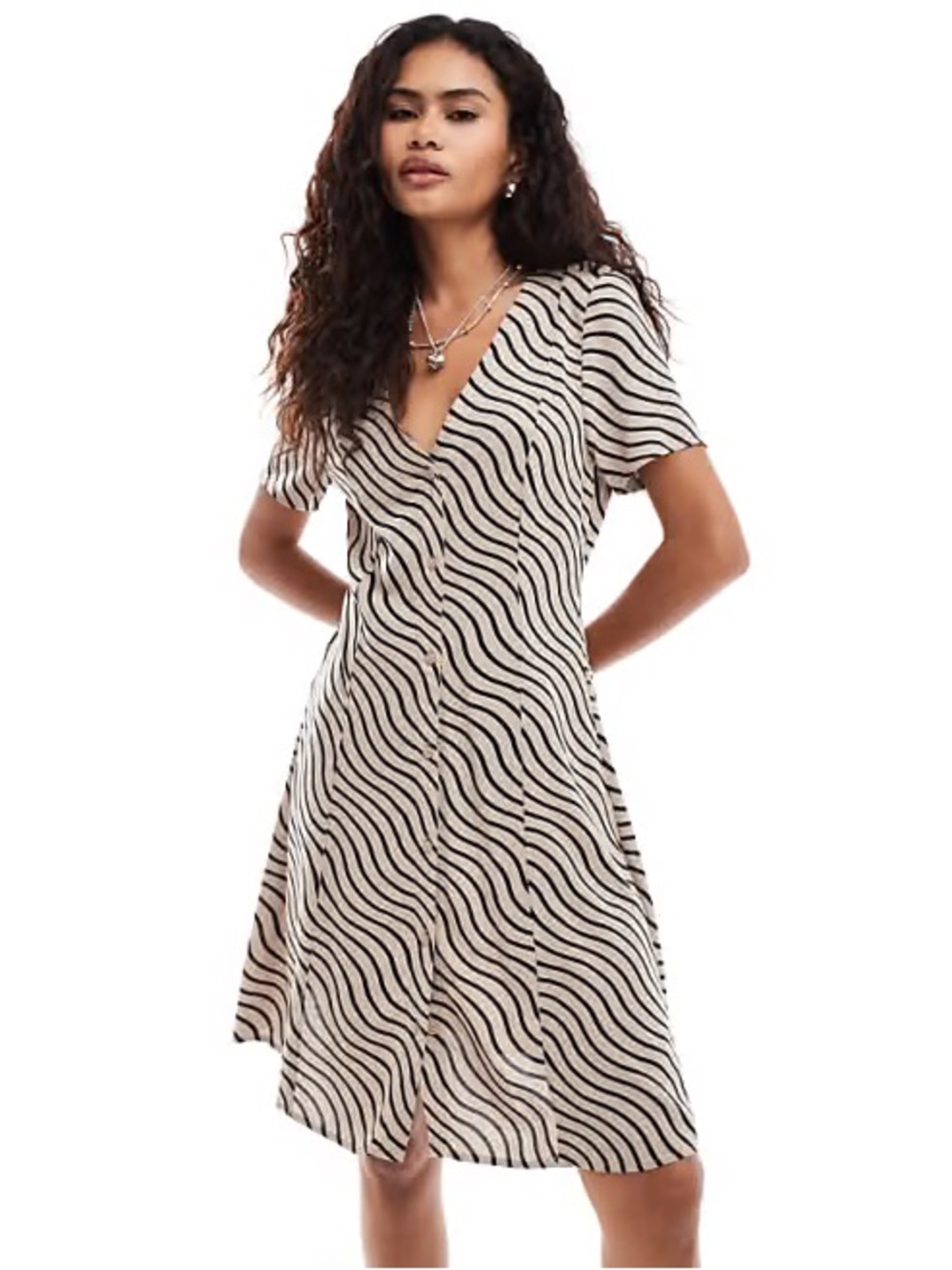 Monki Button Dress with Black Wave Stripes